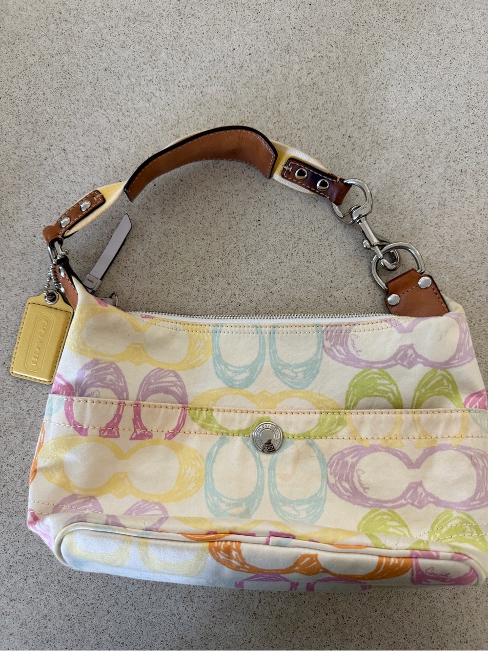 Coach Multicolor Pastel Canvas Shoulder Bag with Tan Leather Trim